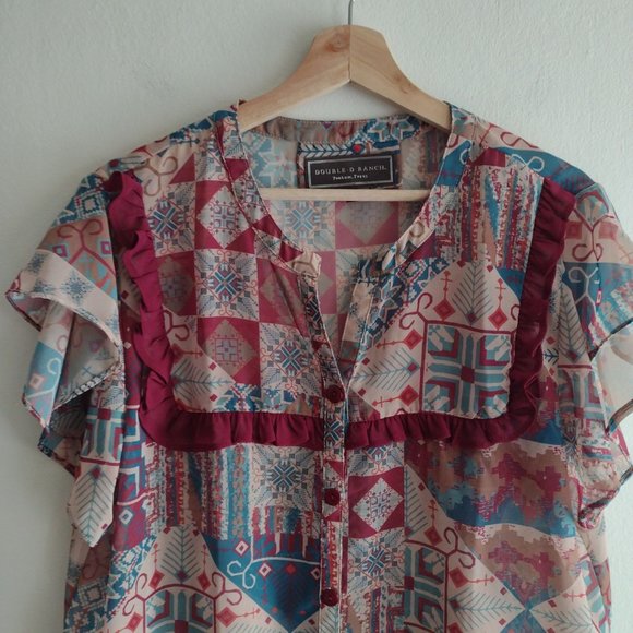 Double D Ranch Prairie Patch Western Blouse XL Bohemian Flutter Sleeve Top - Picture 5 of 12
